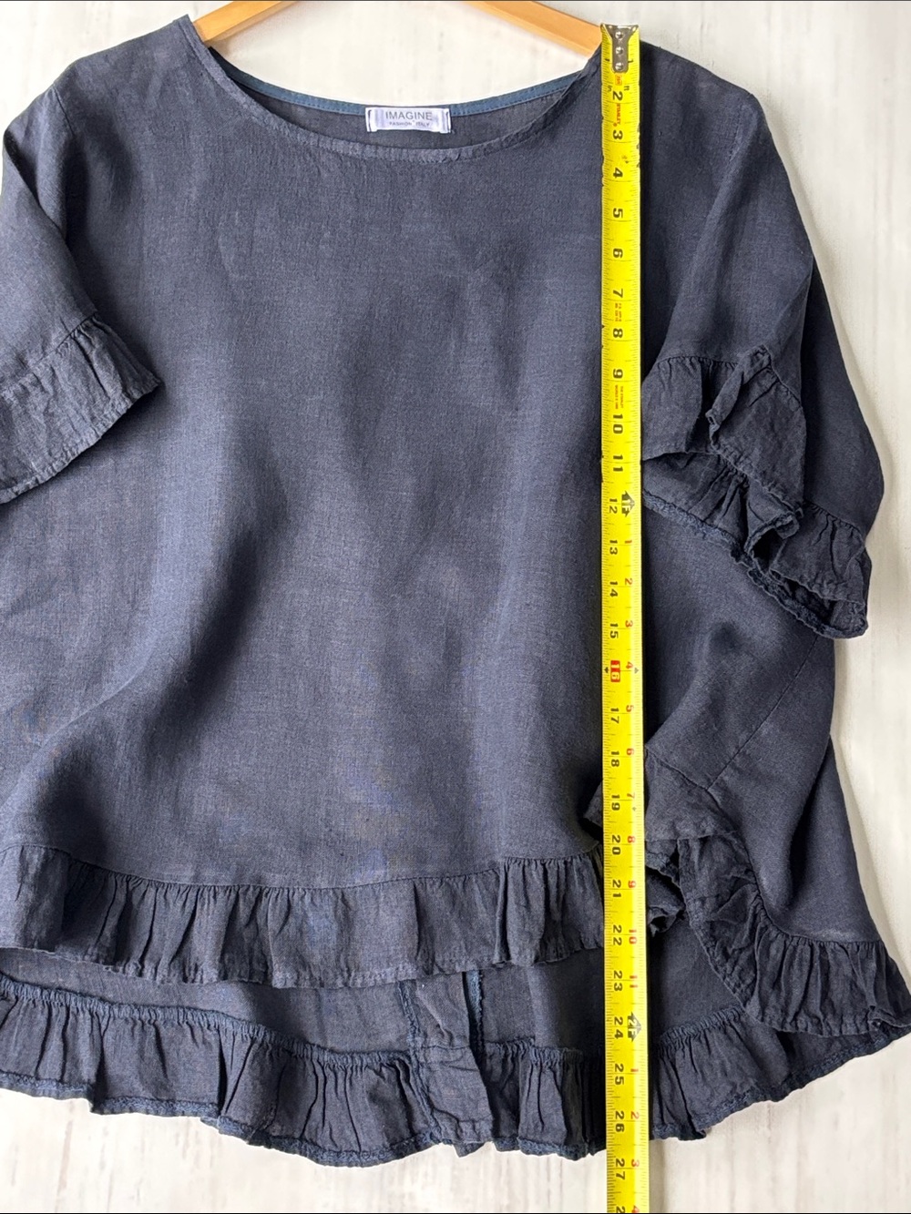 Like New Women's Navy Ruffle-Hem Linen Short Sleeve Blouse - Top Size Large - Picture 8 of 16